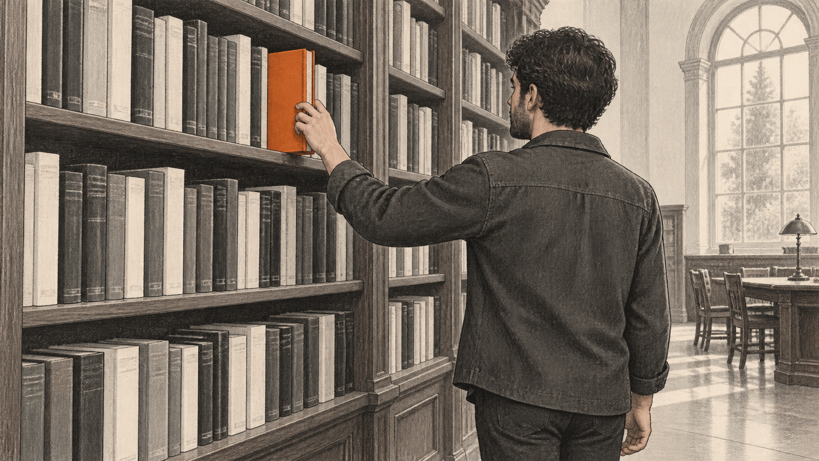 Conceptual charcoal illustration of one person selecting an orange volume from a library shelf of reference books.