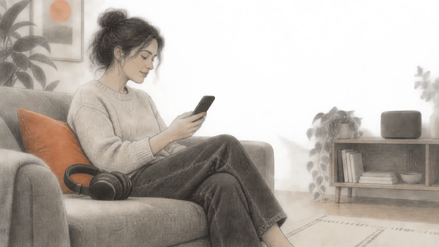 Conceptual charcoal illustration of a listener seated at home with headphones beside them, looking at the back of an unbranded phone; no app interface is visible.