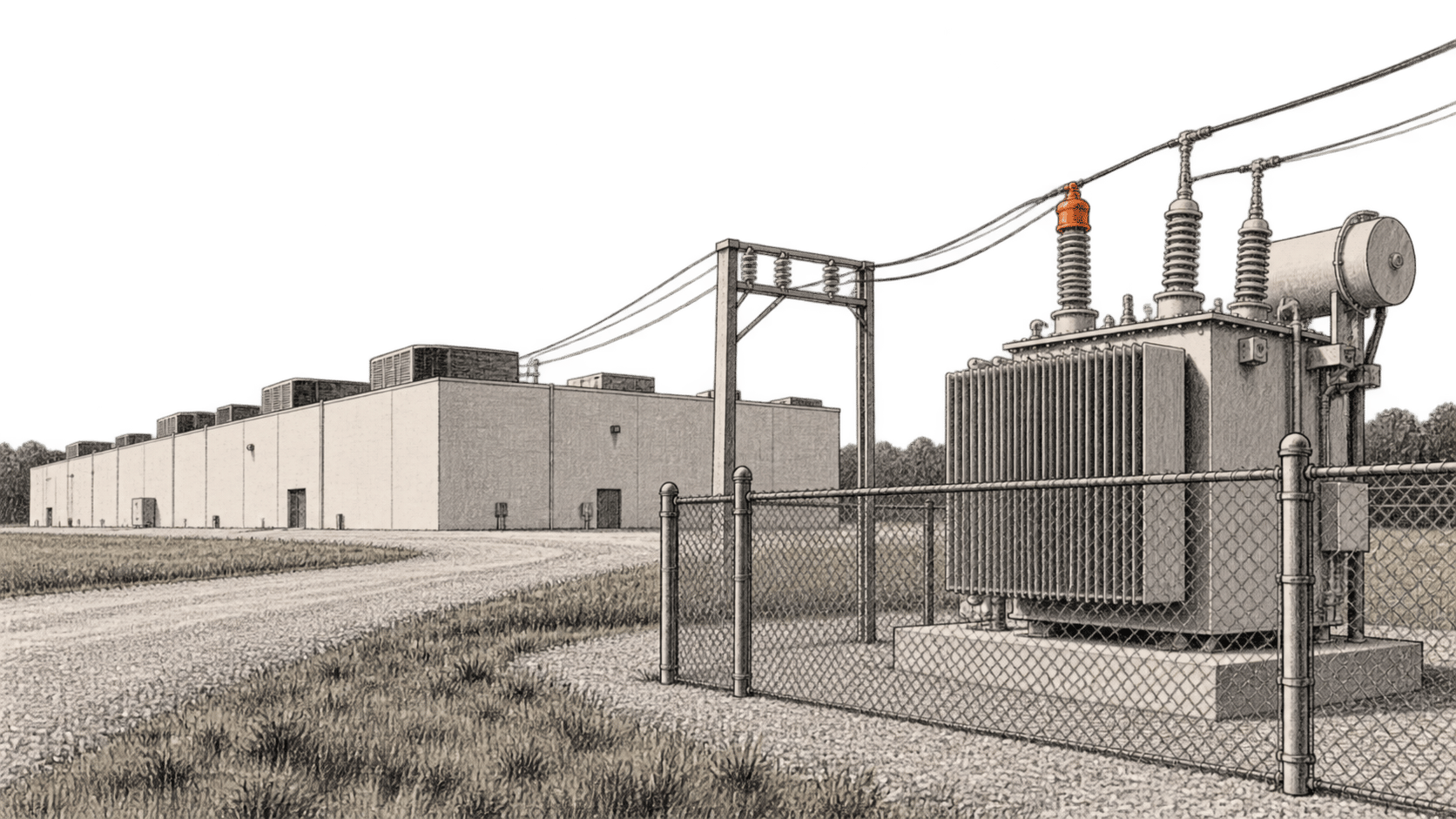 A generic low data-hall building stands beyond a fenced utility yard, where a transformer connects to overhead conductors.