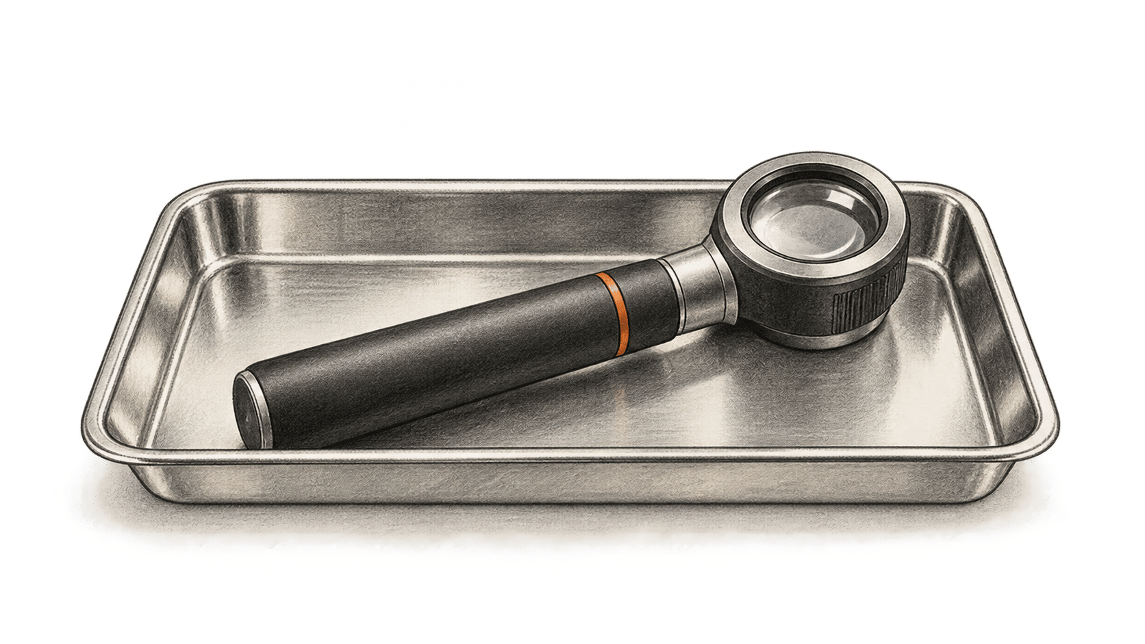 Charcoal illustration of a dark handheld dermatoscope resting diagonally in a stainless clinical tray.