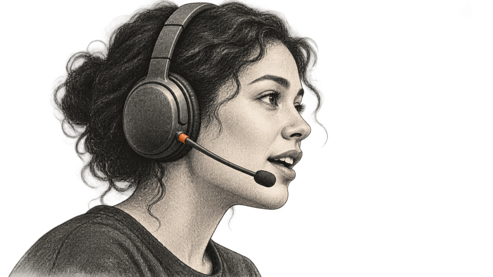Conceptual charcoal illustration of an anonymous person in profile wearing an unbranded headset and speaking toward its boom microphone.
