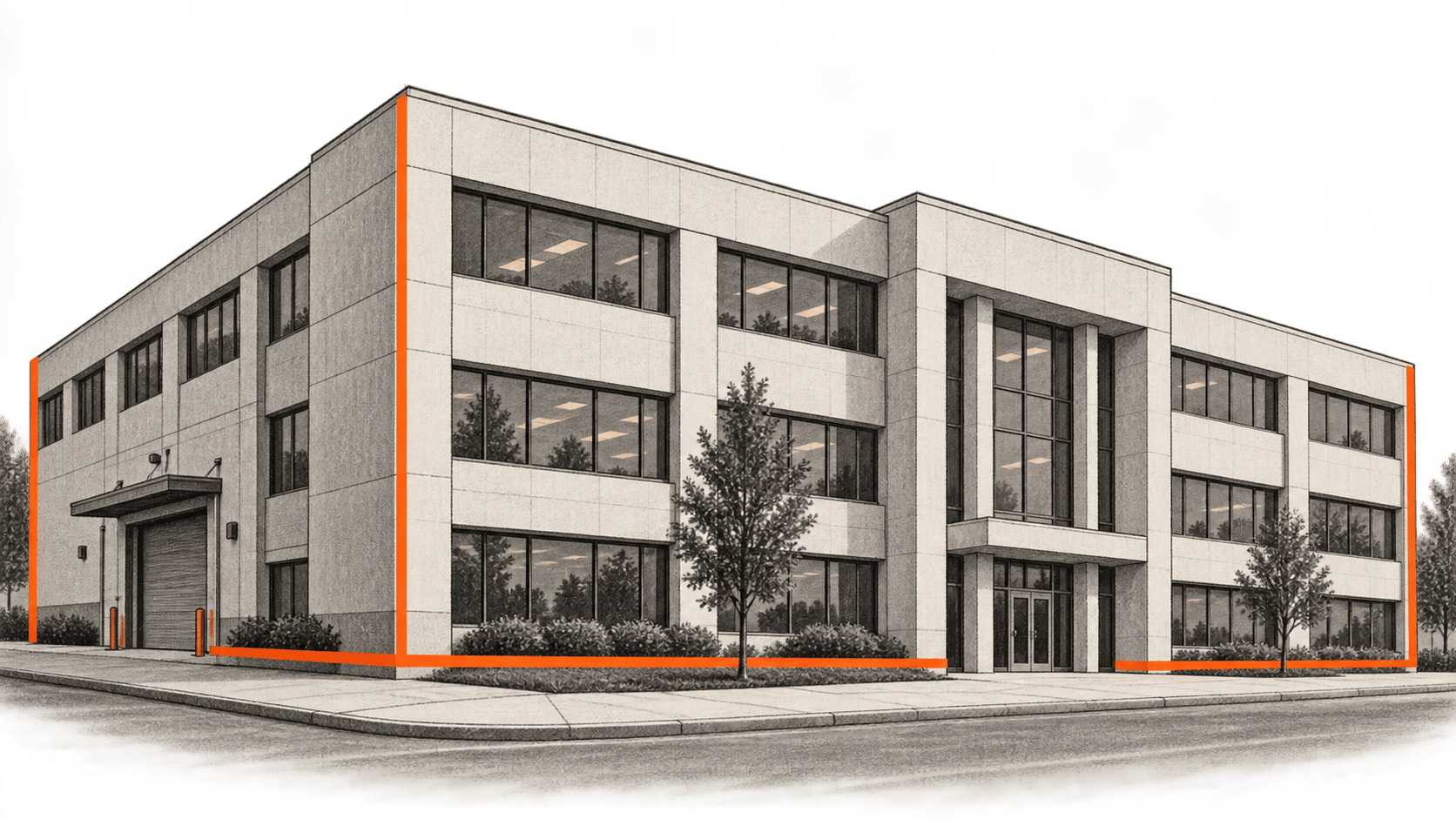 Conceptual charcoal illustration of an unmarked office building with a thin orange line along parts of its outer edges.