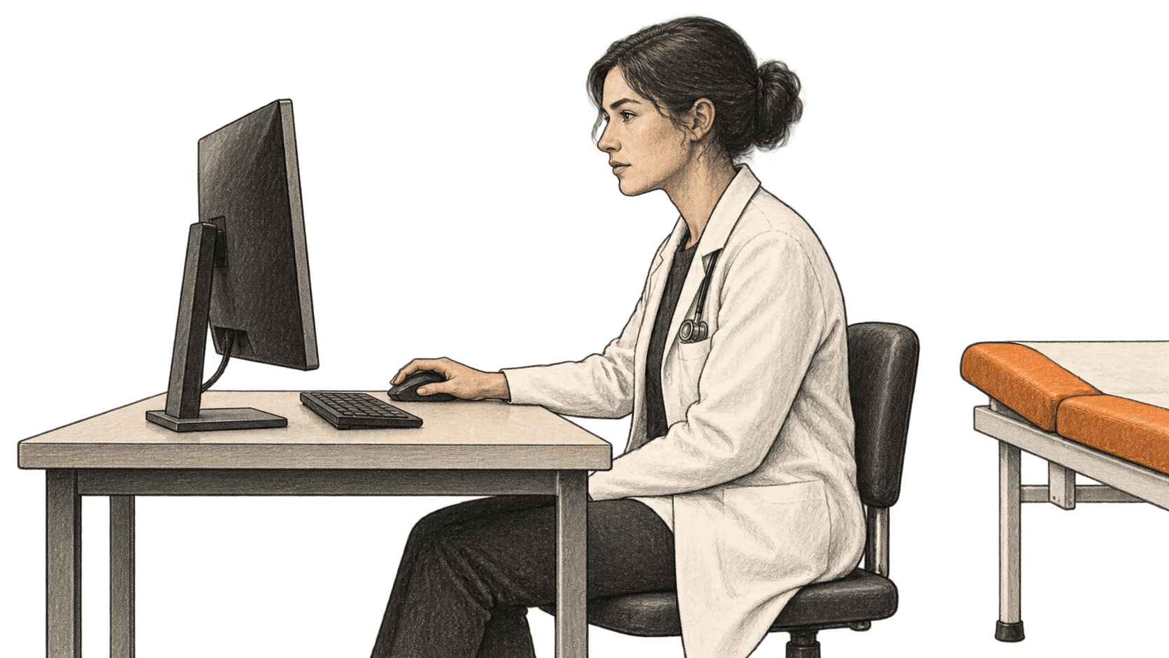 Conceptual charcoal illustration of one clinician seated at a computer, facing a monitor whose screen is hidden from view, with an empty examination couch behind.