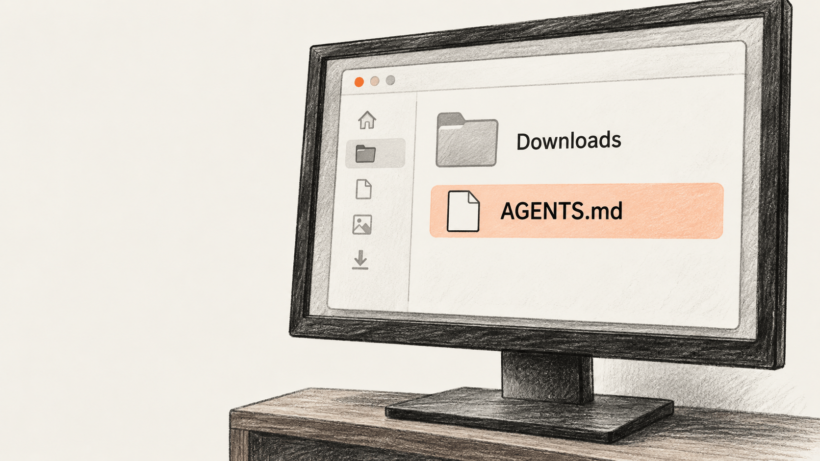 Conceptual charcoal illustration of a supported desktop monitor showing a generic Downloads folder with one highlighted AGENTS.md file.