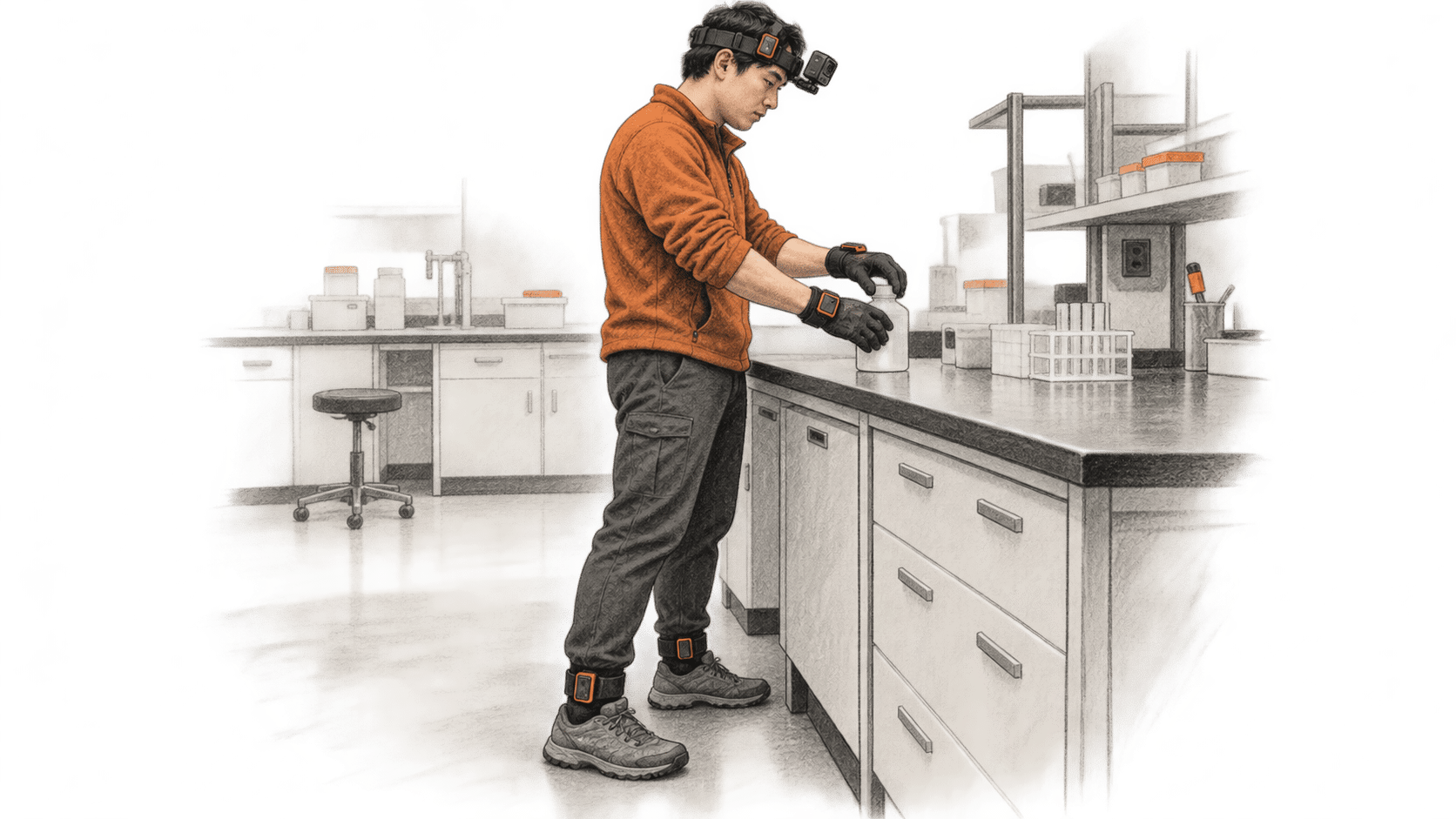 Conceptual charcoal illustration of one gloved worker at a laboratory bench, wearing a head camera and trackers on the head, both wrists and both ankles.
