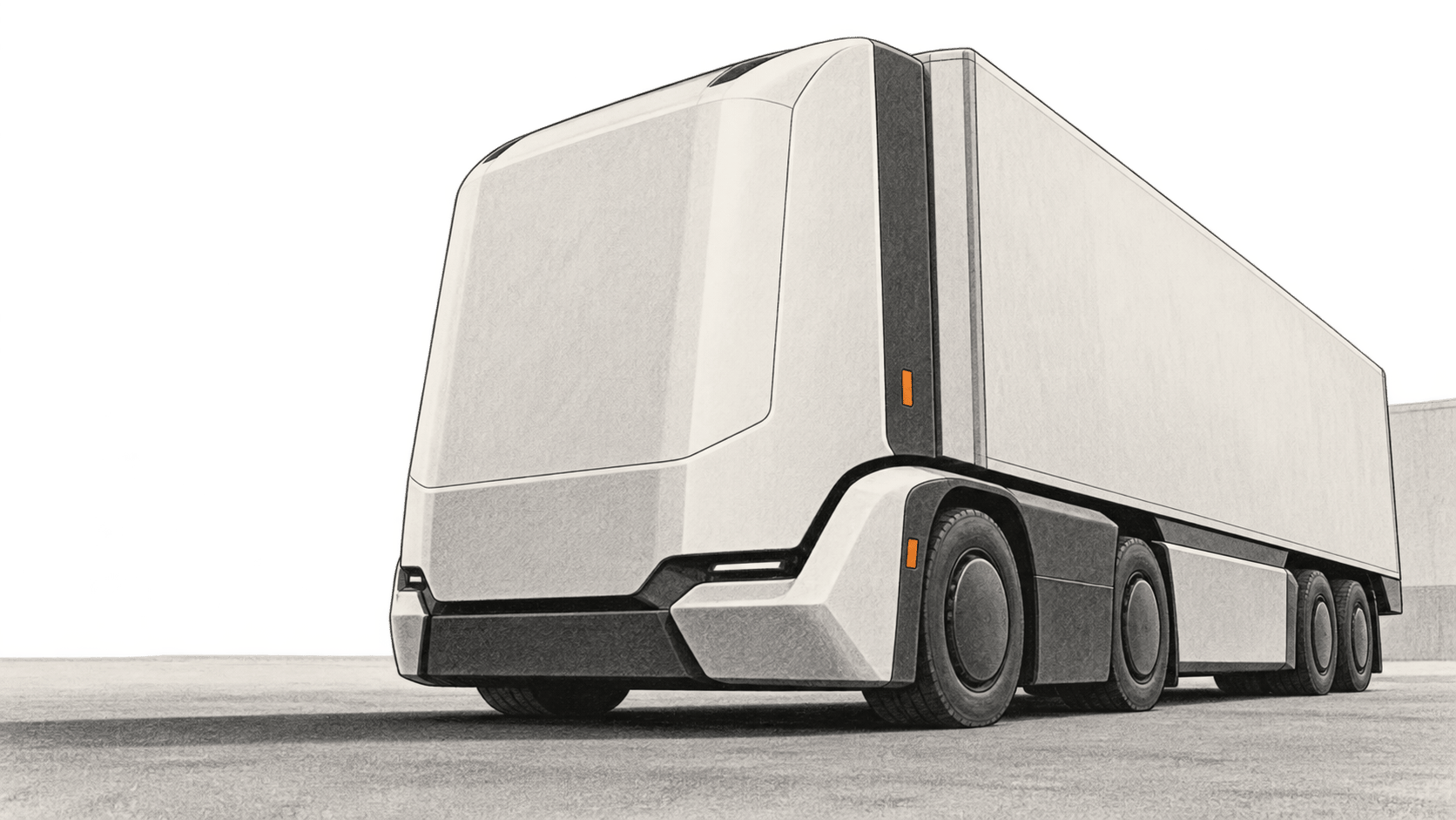 Conceptual charcoal illustration of an unbranded cabless freight truck parked on a paved apron, viewed from the front-left side.