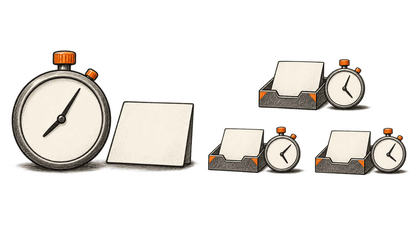 One large stopwatch beside a task card contrasts with three separate worker trays, each with its own small clock.