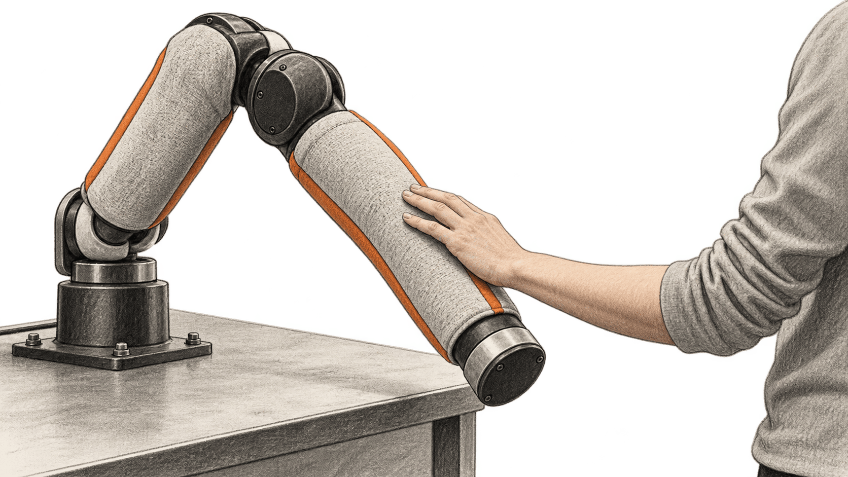 Conceptual charcoal illustration of a person touching the soft-covered forearm of a bench-mounted robotic arm; both arm segments have tactile covering.
