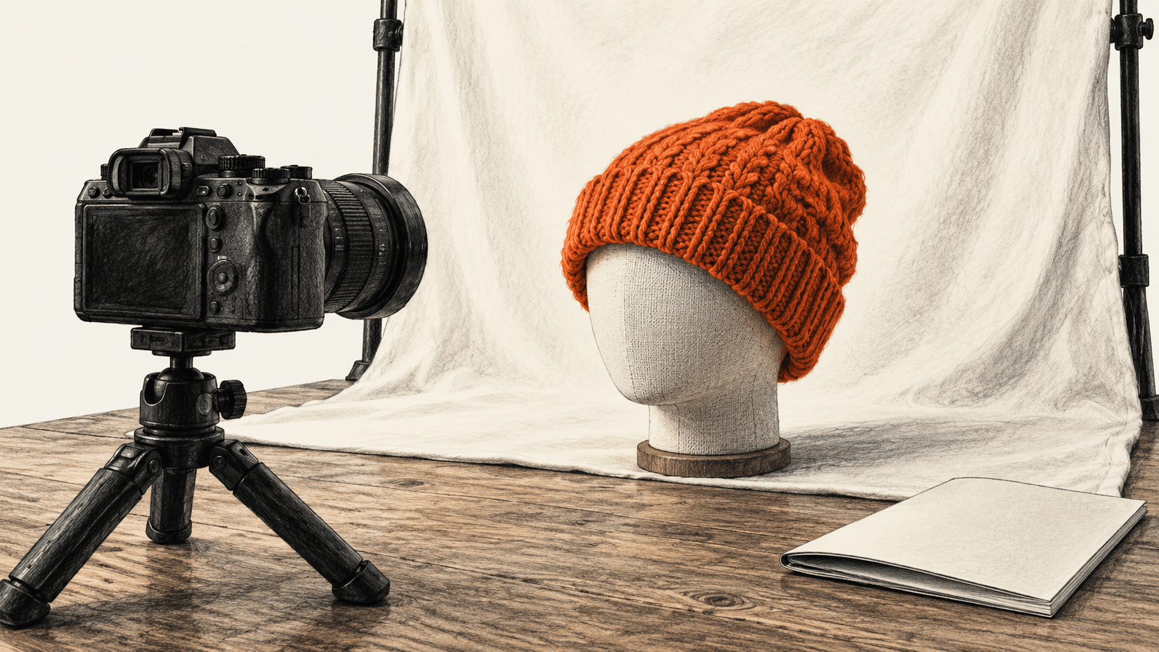 Conceptual charcoal illustration of an orange knitted hat on a head form being photographed by an unbranded tripod camera, with a closed blank pattern booklet nearby.