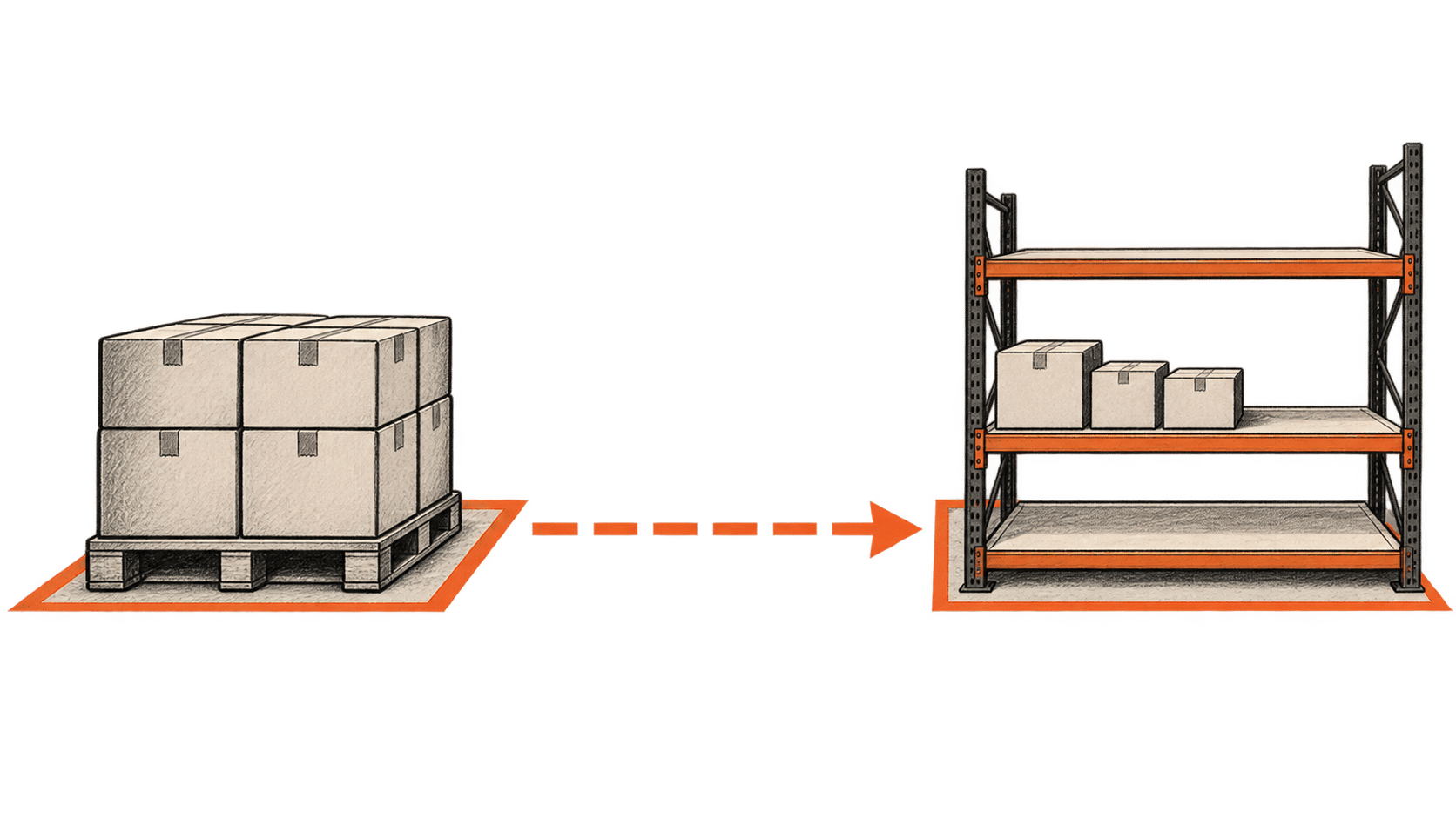 A loaded reserve pallet connects by one dashed rightward arrow to a partly stocked picking rack.