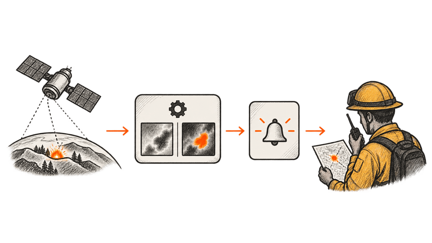 Conceptual chain showing satellite observation, software comparing heat patterns, a notification, and a fire responder assessing a map while using a radio.