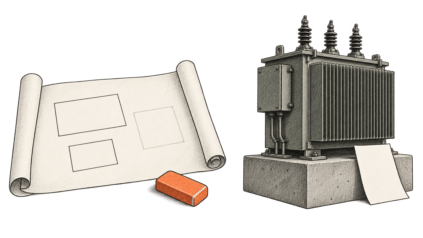 A simple site plan and orange eraser sit apart from a transformer fixed to concrete beside a blank bill.