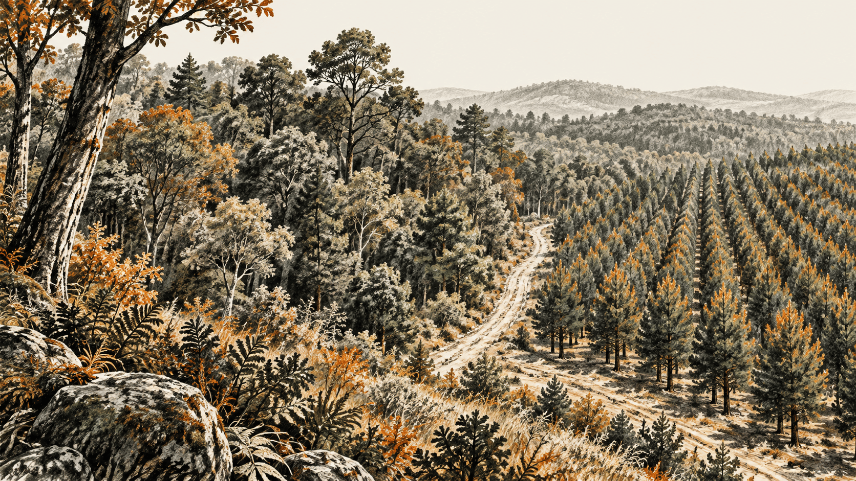 Conceptual charcoal landscape with irregular mixed-height tree cover beside orderly rows of planted trees, separated by an unpaved track.