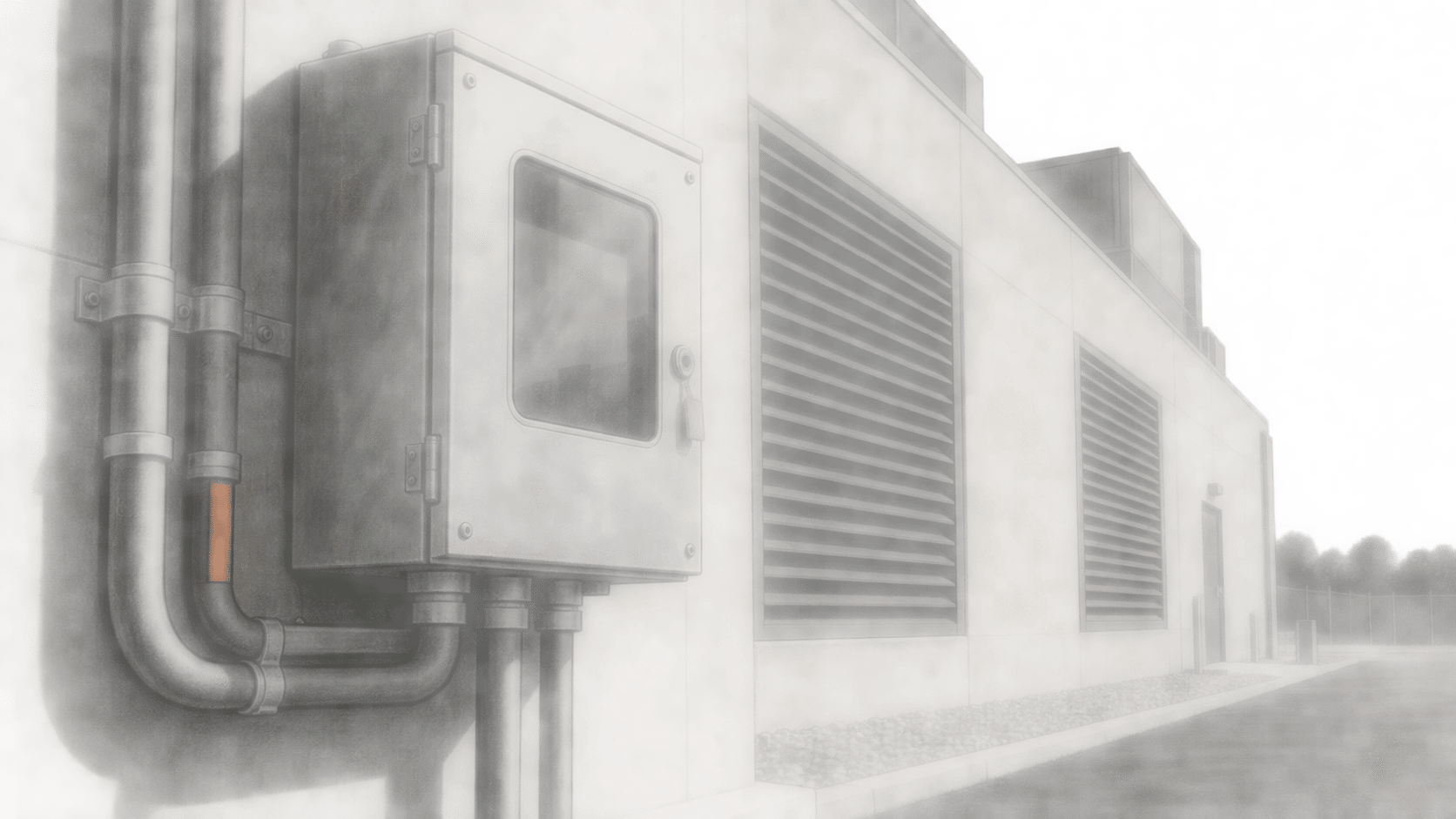 Conceptual charcoal illustration of an unnumbered utility cabinet and conduits mounted on the outside wall of a low data-center building.