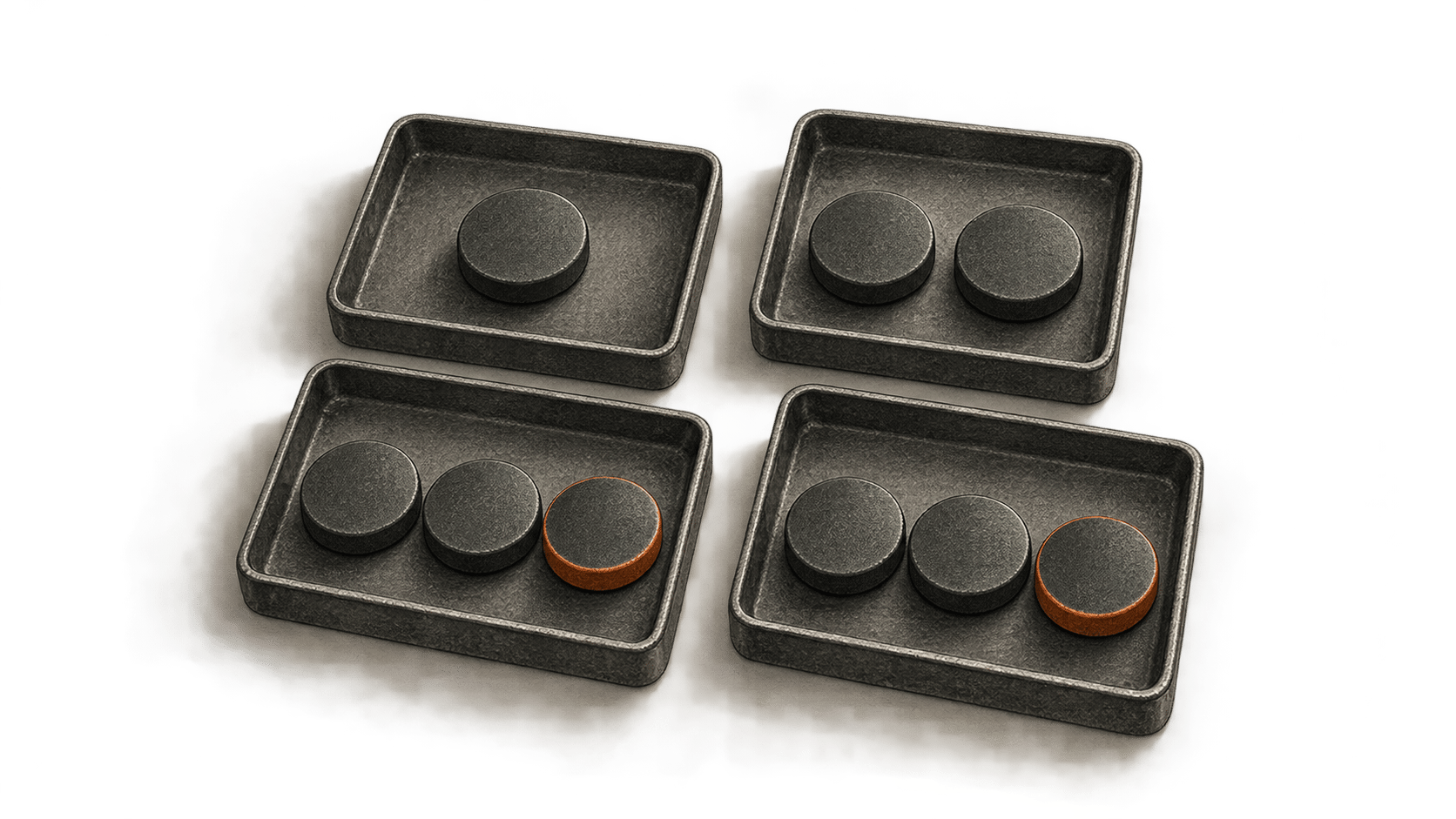 Four charcoal trays hold one, two, three and three round tokens; the third token in each of the final two trays has an orange edge.