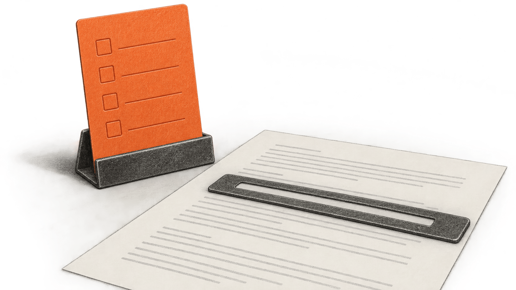 Conceptual charcoal illustration of one upright orange four-item review card beside a fresh manuscript sheet and reading ruler.