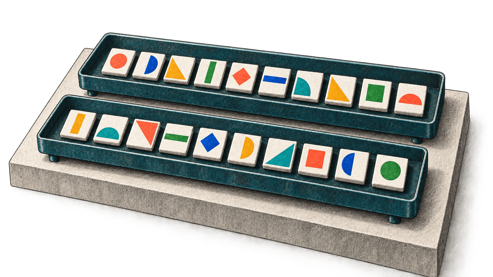 Two separate teal trays each hold ten unlabeled ceramic tiles marked by varied colorful shapes.