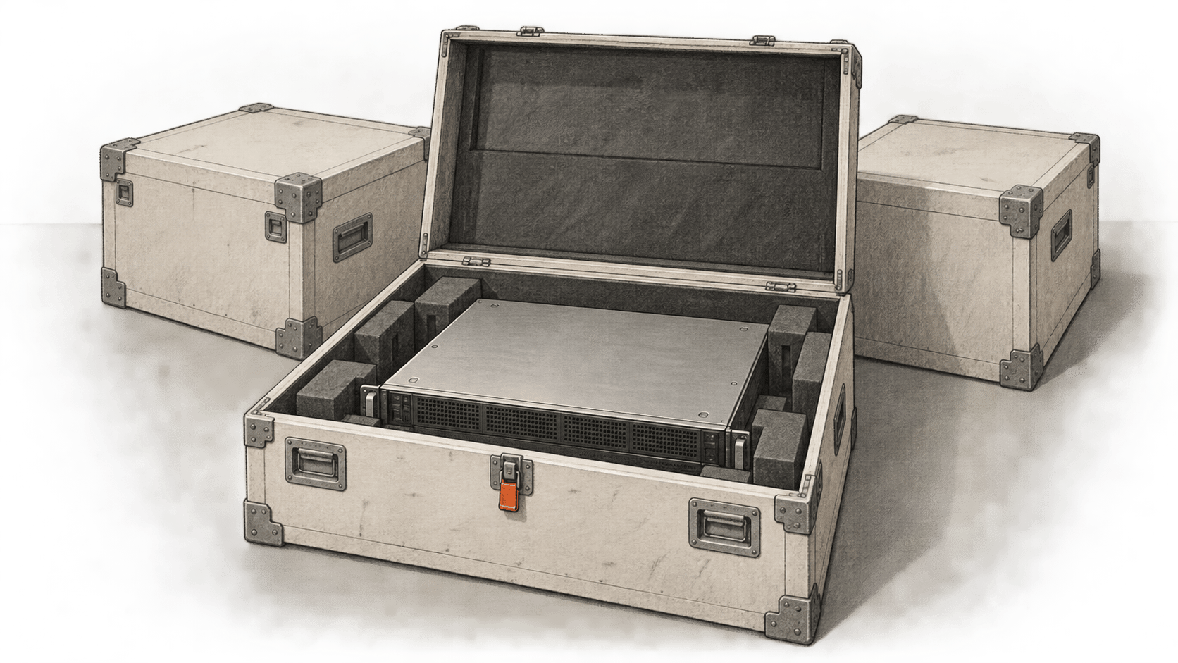 Conceptual charcoal illustration of an unbranded rackmount computer nested in an open protective equipment crate, with two closed crates behind it.
