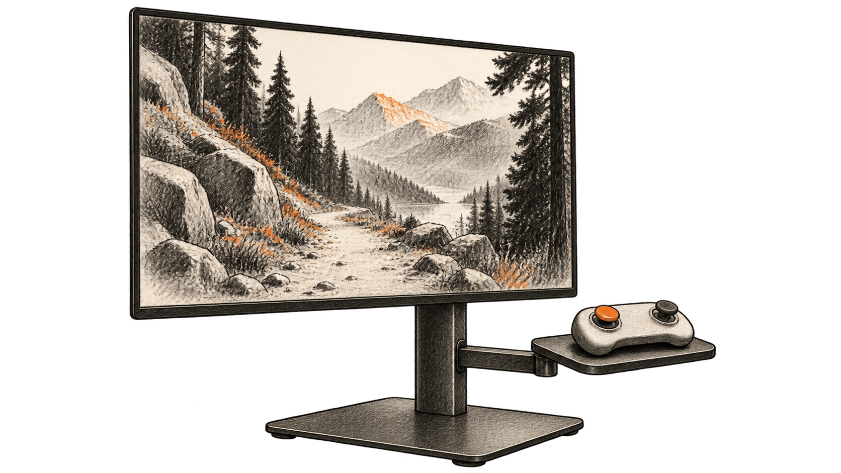 Conceptual charcoal illustration of a landscape path on an unbranded display, with a two-control handheld device on an attached shelf.