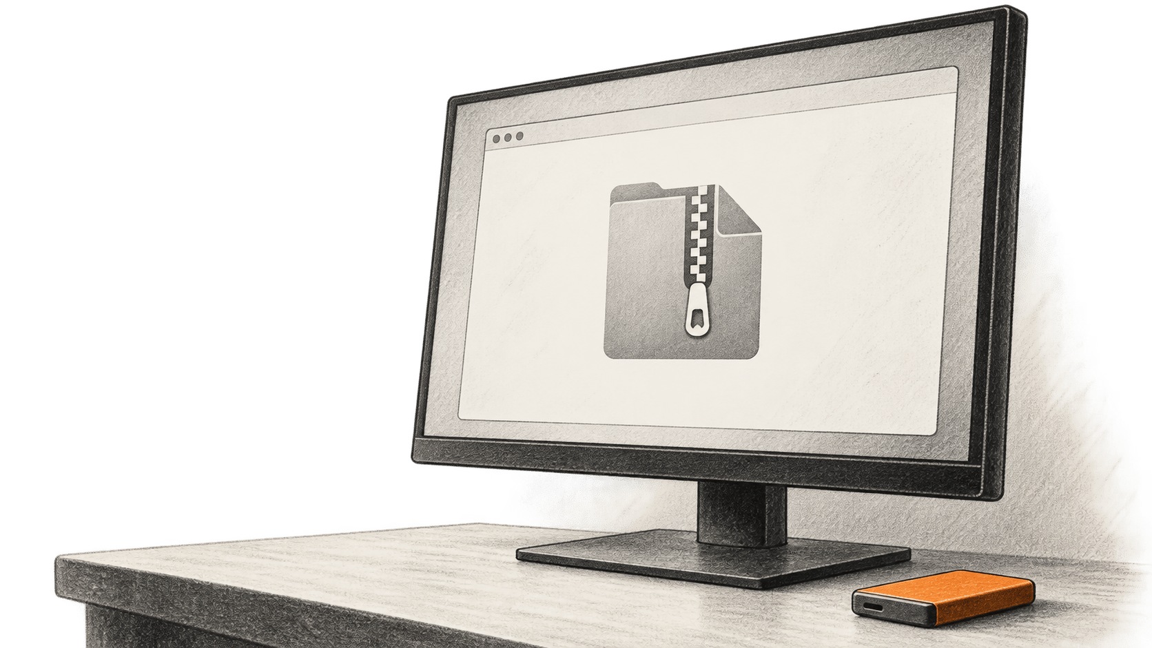 Charcoal illustration of a physical monitor showing a generic zipped-folder icon, with a small orange removable drive resting beside its stand.
