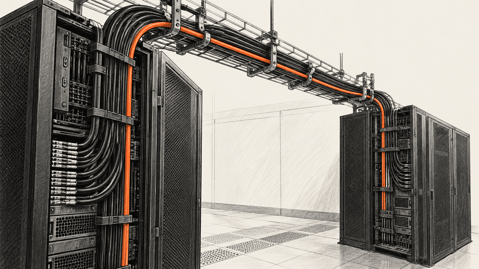 Conceptual charcoal illustration of two generic equipment racks linked by a supported overhead cable tray, with one orange cable among dark bundles.