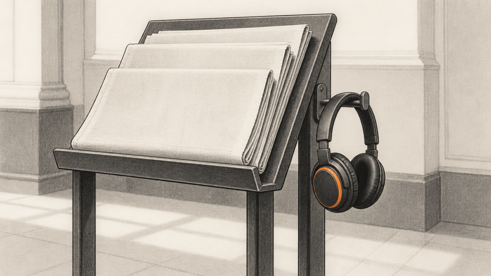 Conceptual charcoal illustration of folded newspapers on a reading stand with over-ear headphones hanging from its side.