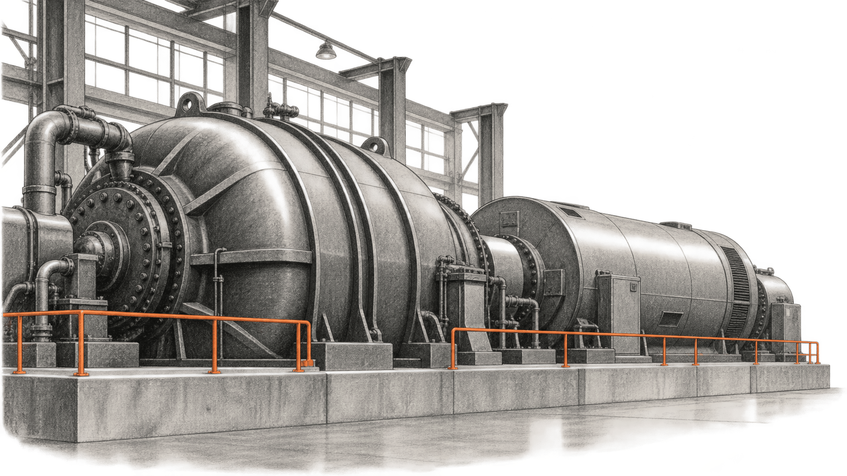 Conceptual charcoal illustration of a large turbine-generator train on a concrete plinth in an industrial hall, behind an orange safety rail.