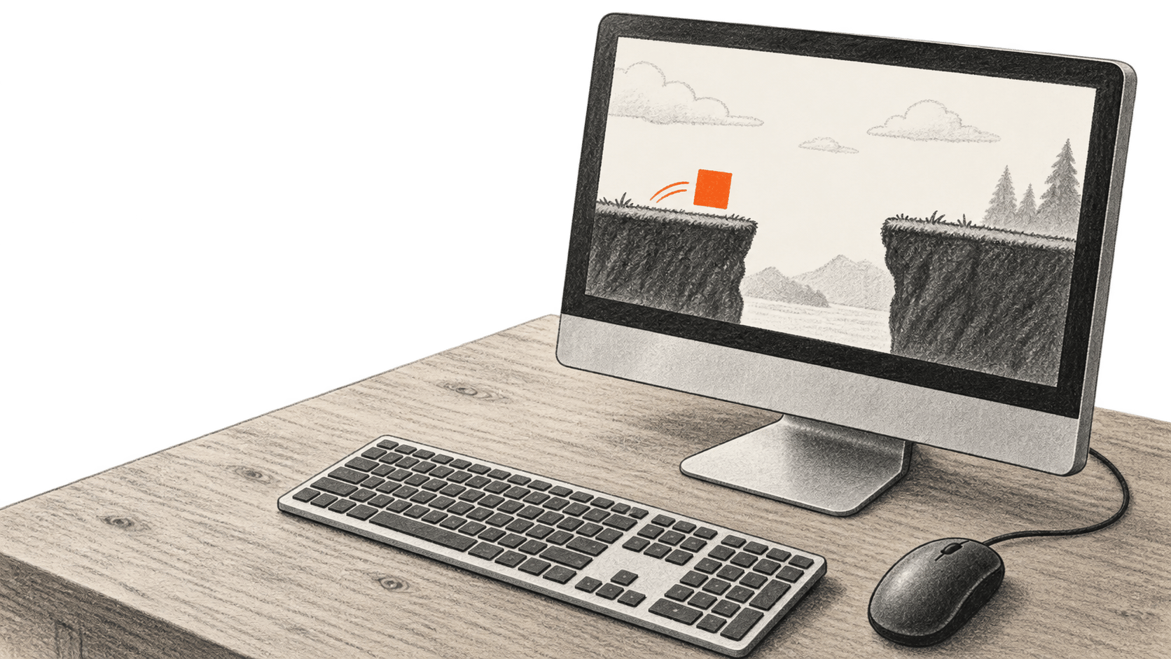 Conceptual illustration of a desktop computer showing a simple two-platform game, with a keyboard and mouse on the work surface.