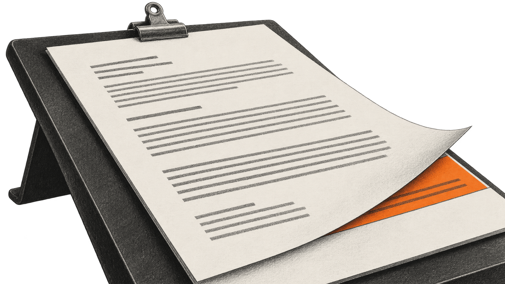 Conceptual charcoal illustration of a printed policy page on an inclined reading stand, its lower corner lifted to reveal a small orange amendment.