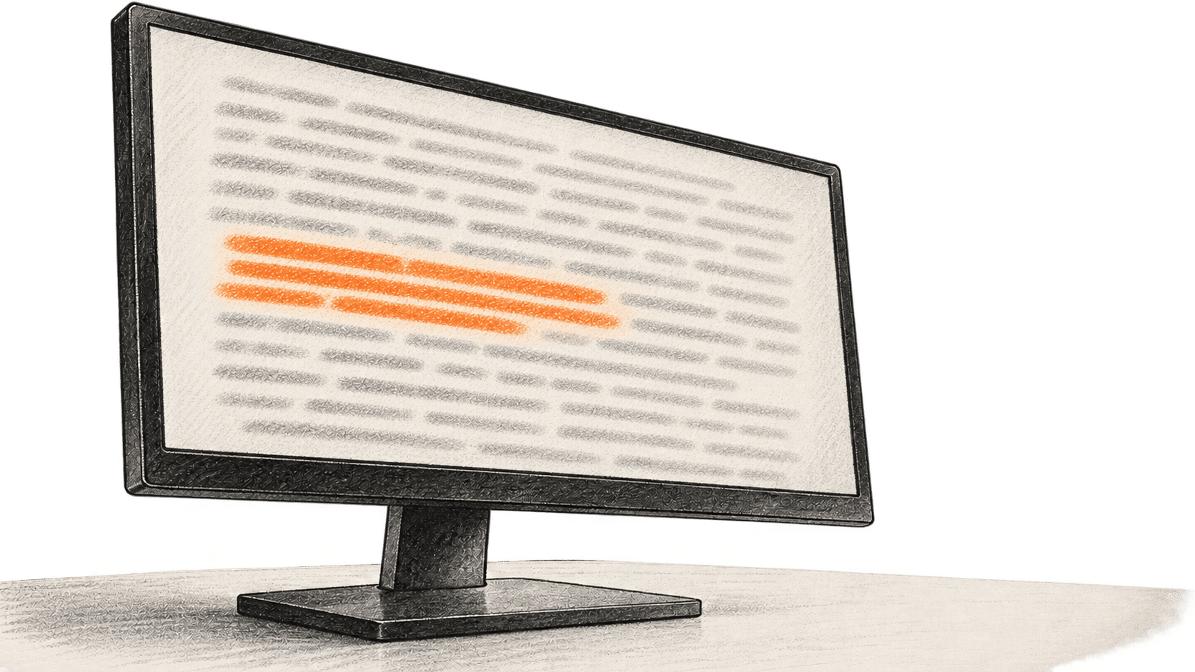 Monitor showing unreadable text and orange passage.
