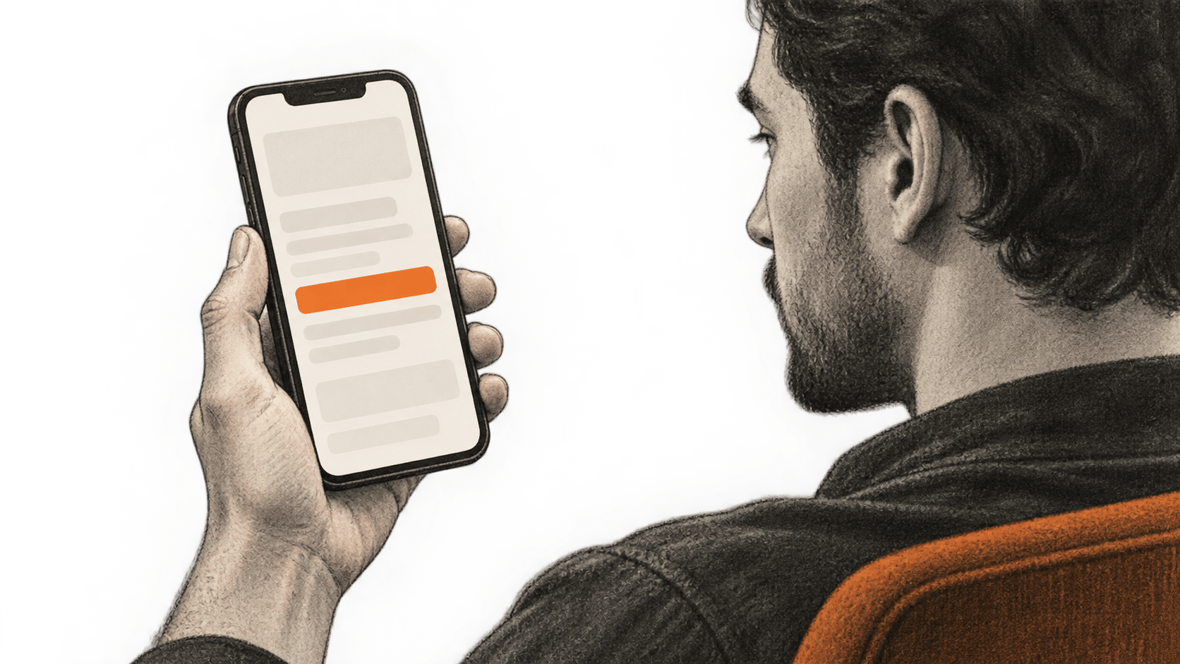 Conceptual charcoal illustration of one person viewing an unbranded phone with blank search-page shapes and an orange band.