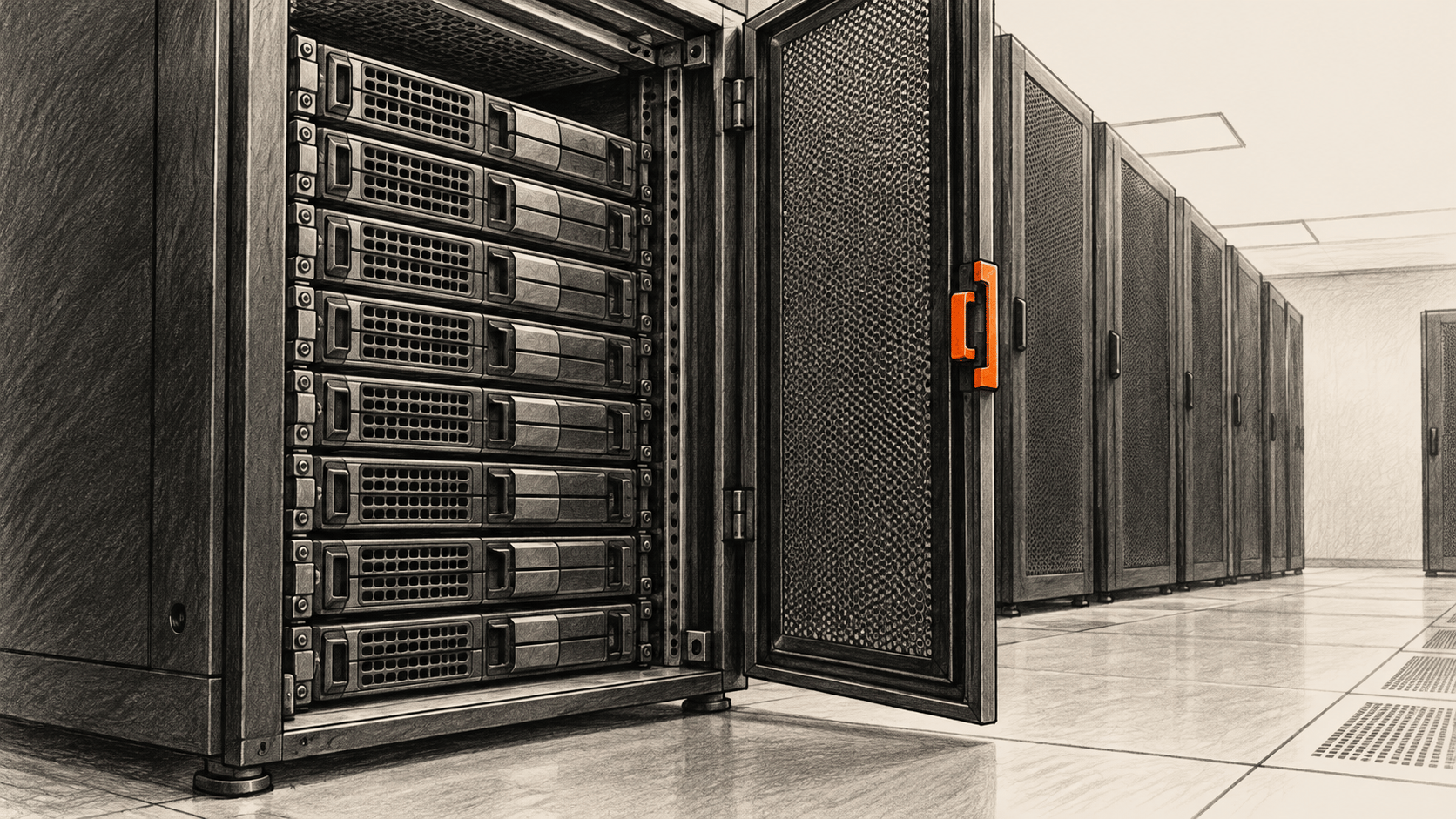 Conceptual charcoal illustration of an open, unbranded storage cabinet in a generic data-centre aisle.