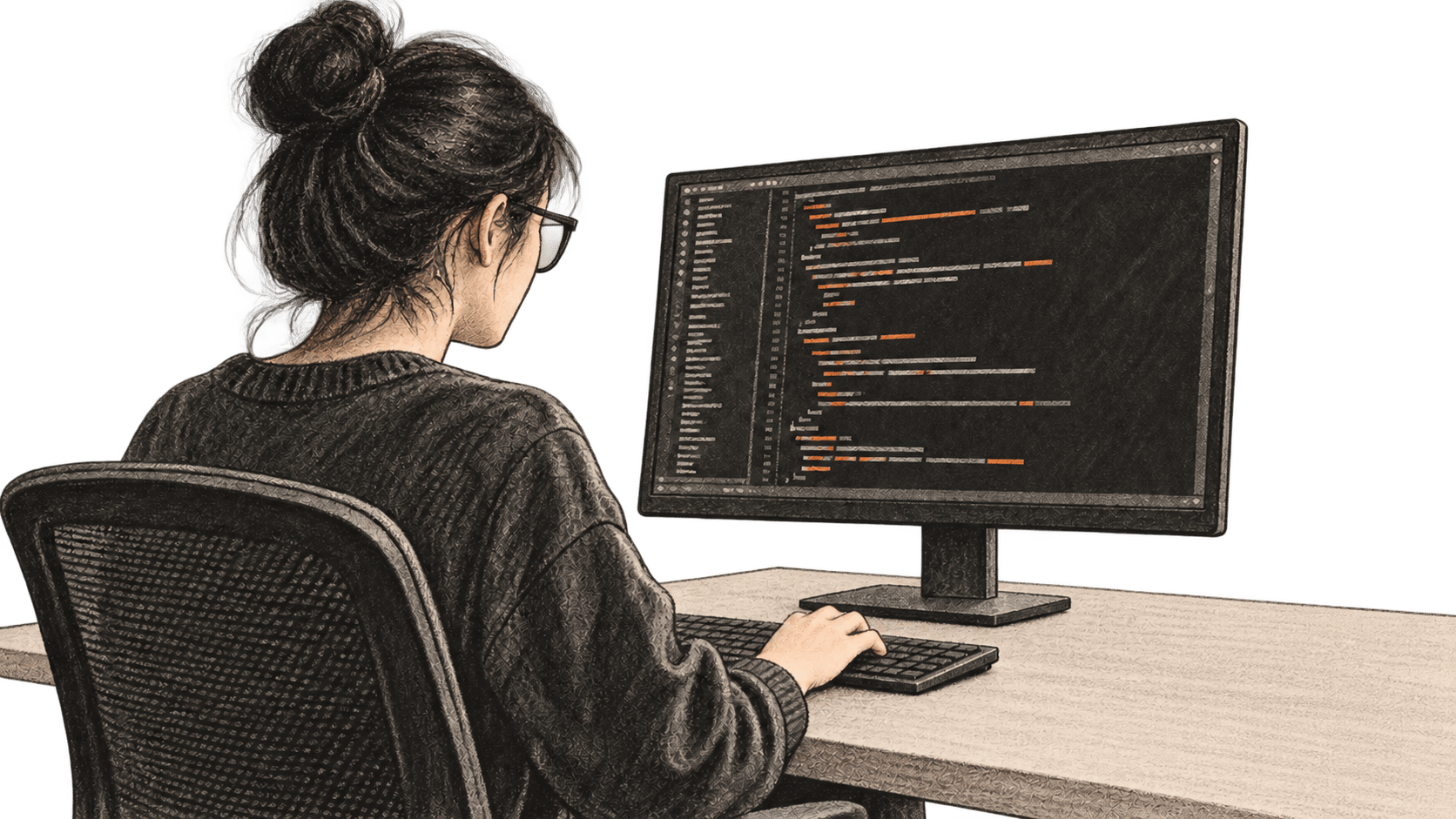 Conceptual charcoal illustration of one person working at a computer with generic code-like marks on the monitor.