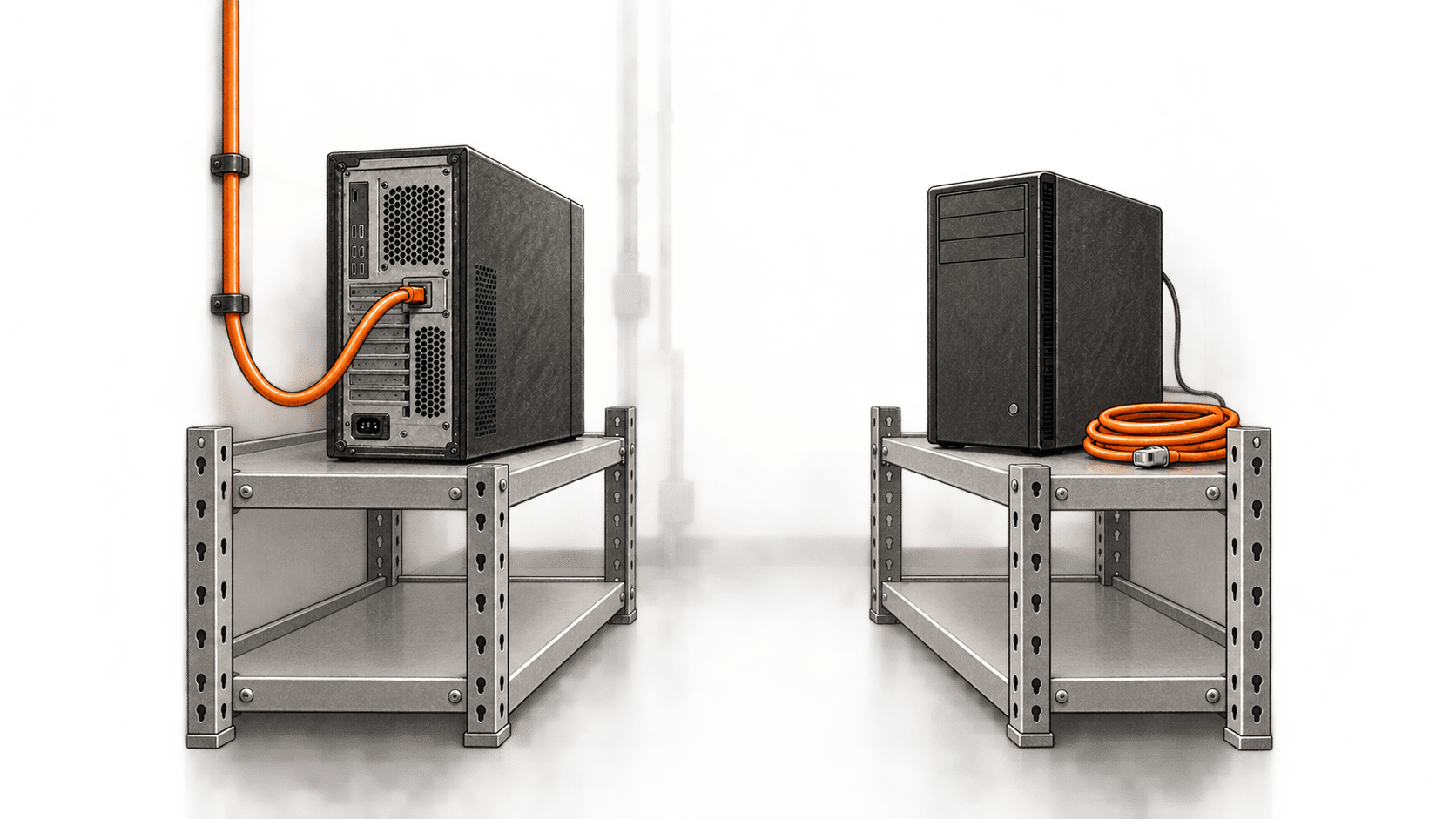 Conceptual charcoal illustration of two separate unbranded desktop computers on metal shelves, one connected to an orange cable and the other beside a loose cable.