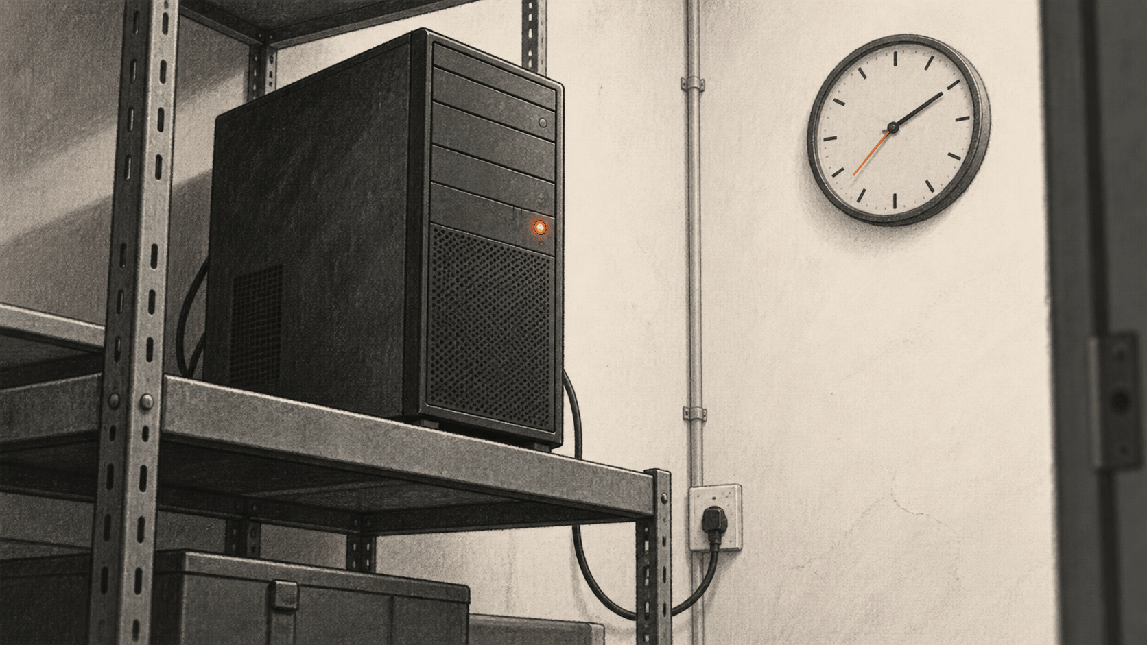 Conceptual charcoal illustration of a powered desktop computer on an equipment shelf, with a wall clock nearby.