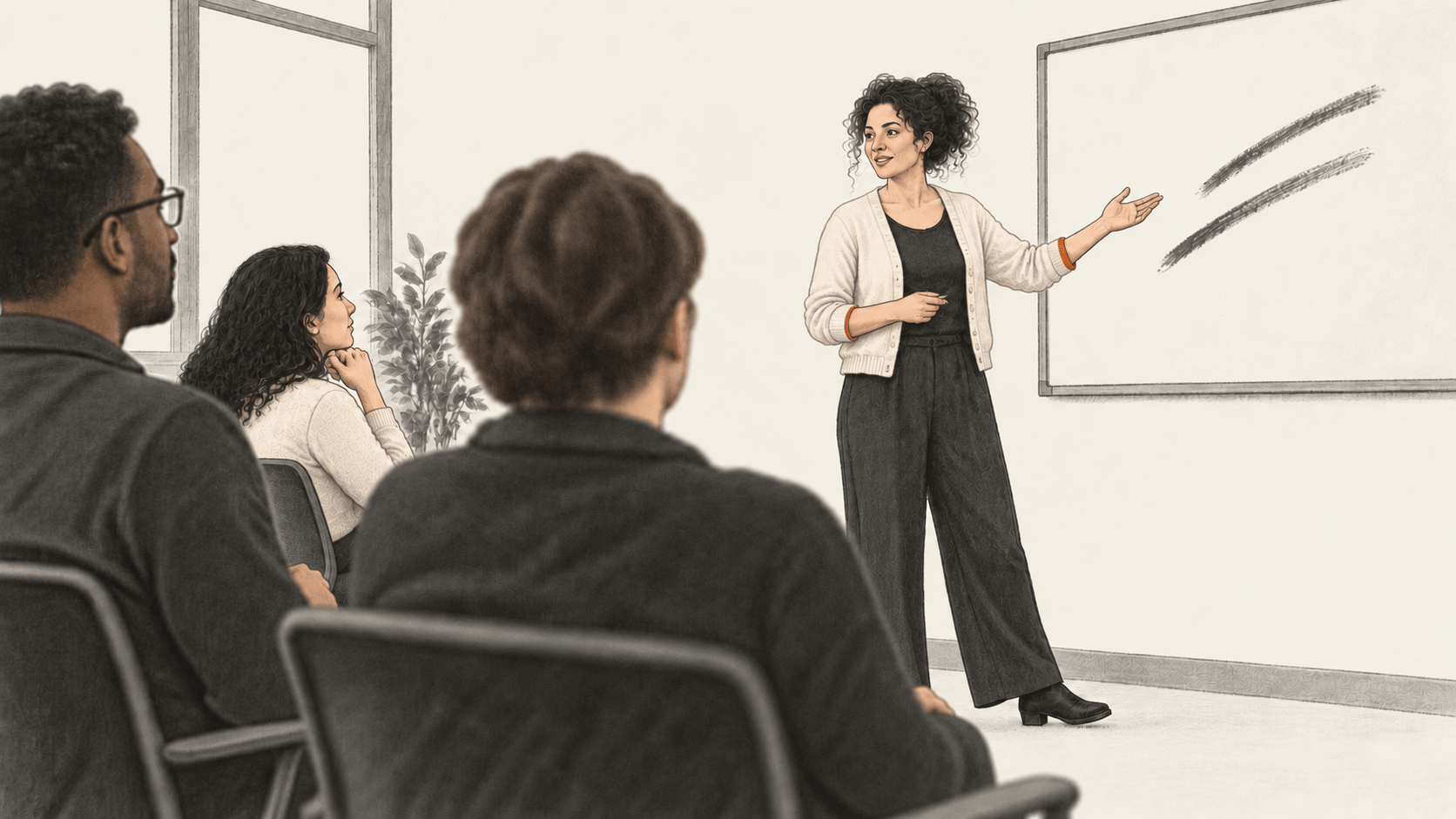 Conceptual charcoal illustration of an instructor gesturing beside a plain whiteboard as adult learners sit facing the lesson in a training room.