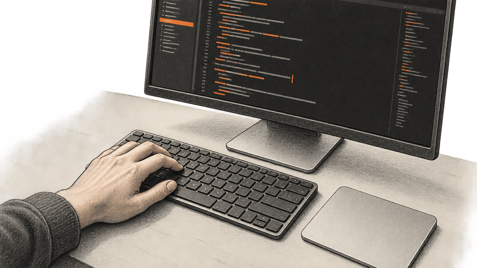 Editorial illustration of a hand at a keyboard beside a display of code.