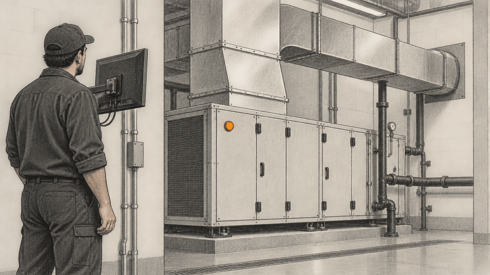 Conceptual charcoal illustration of one facility operator viewing the back of a wall-mounted monitor beside a generic HVAC air-handling unit in a plant room.
