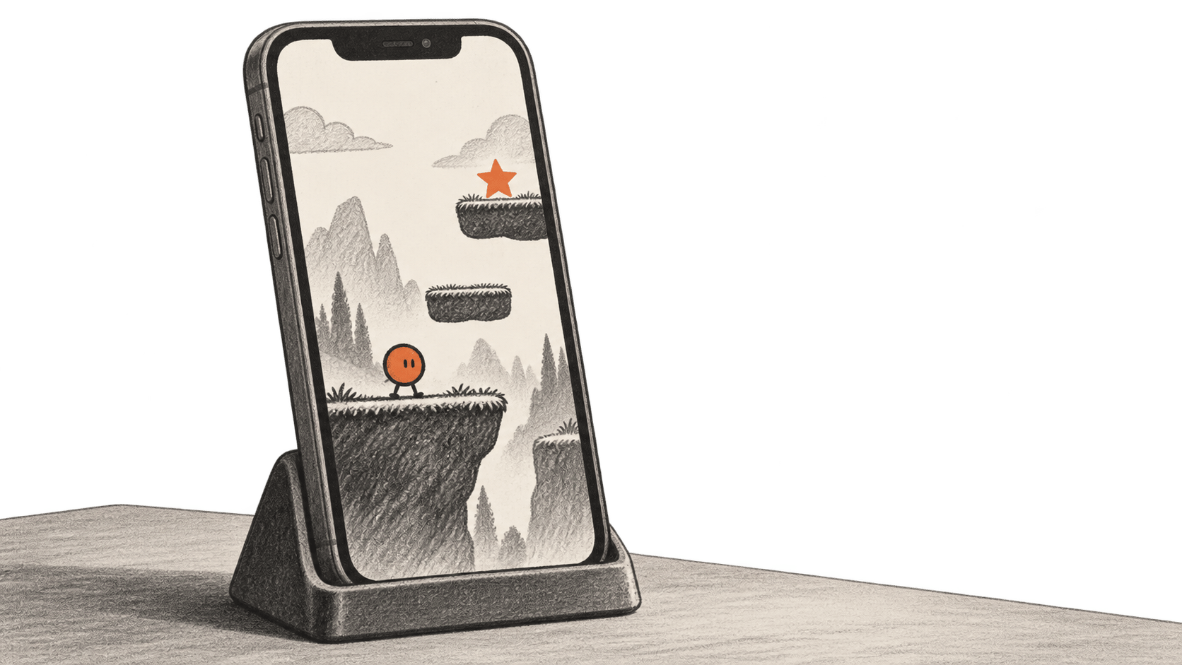 A charcoal illustration of a phone in a small cradle, its screen showing a simple generic two-dimensional platform game scene.