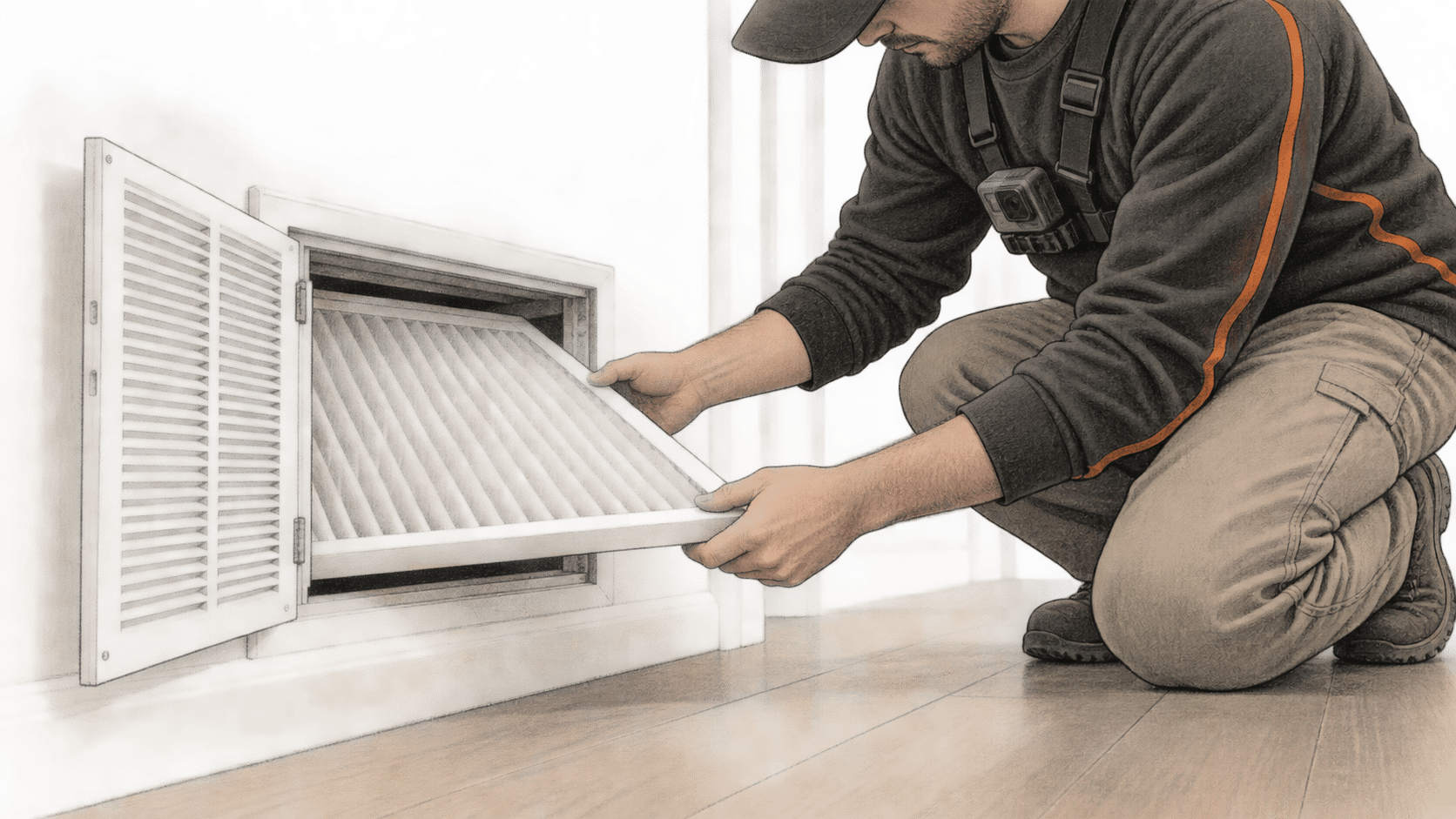Conceptual charcoal illustration of one worker removing a pleated air filter from a wall vent while wearing a small chest-mounted camera.