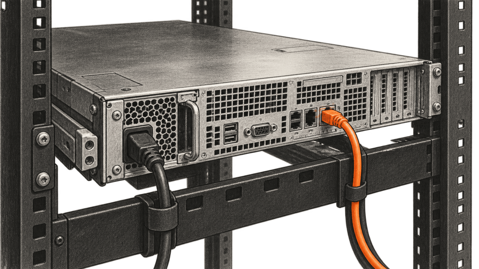 Conceptual charcoal illustration of the rear of an unbranded rackmount server, with a power cable and an orange network cable routed downward.
