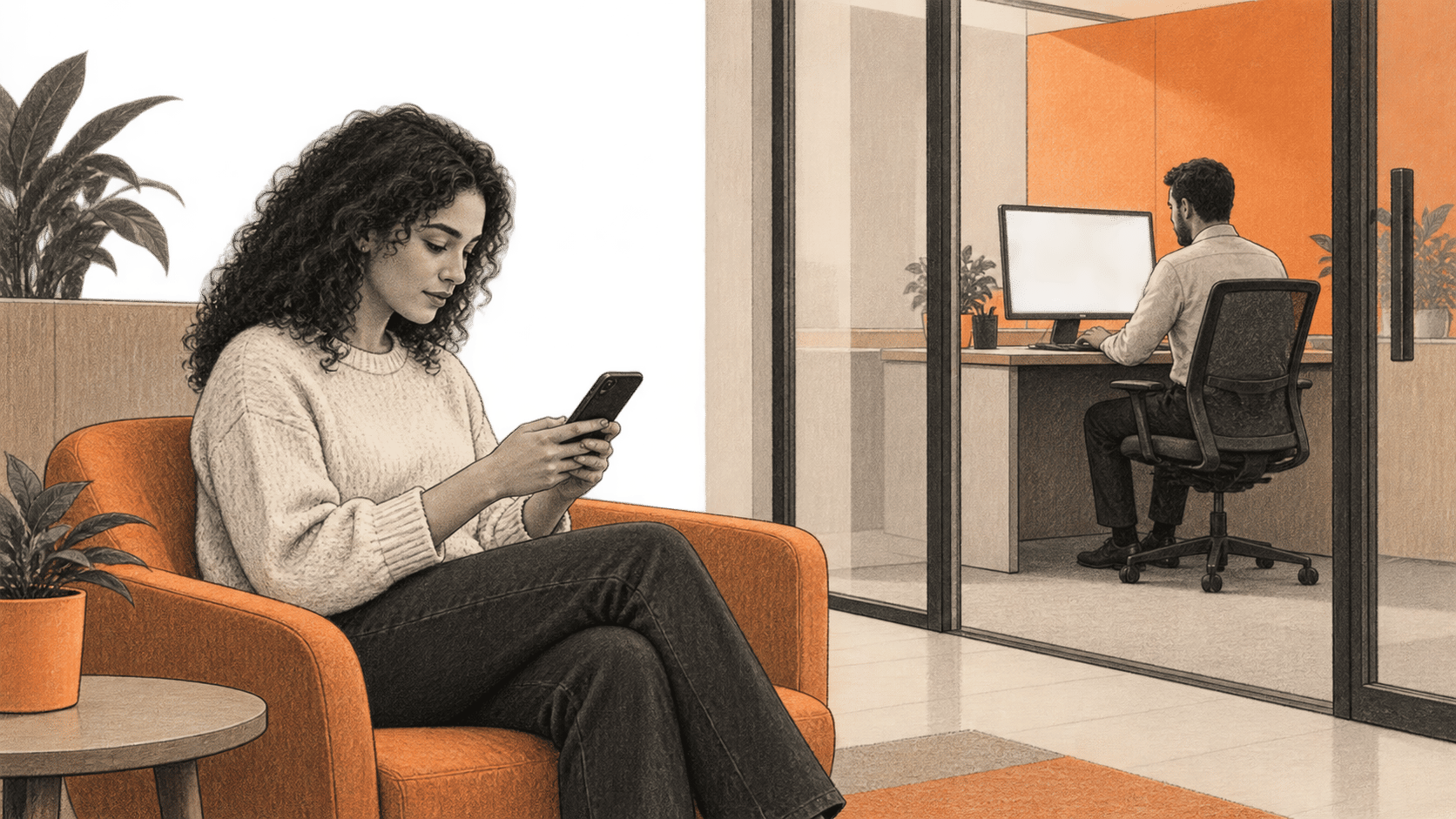 Conceptual charcoal illustration of a customer looking at an unbranded phone in a service seating area while one staff worker uses a separate office workstation beyond a glass partition.