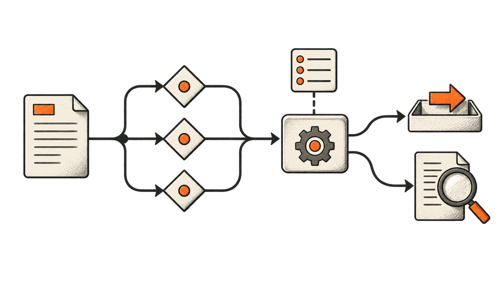 Pencil diagram: an input document branches into three parallel questions, whose answers enter a rules box before action or review.