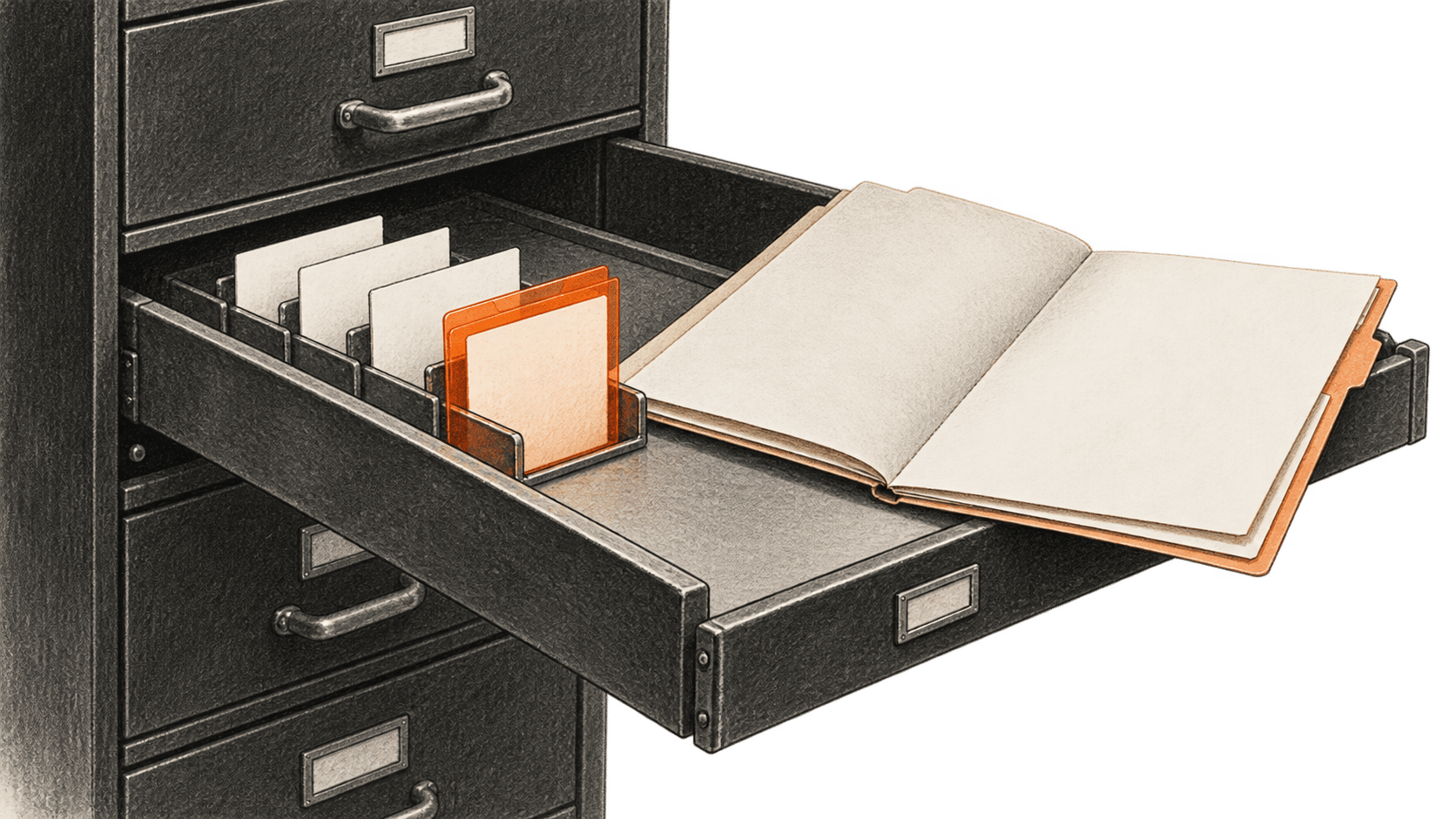 Conceptual charcoal illustration of a filing drawer with blank passage slips, one orange sleeve, and an open source document.