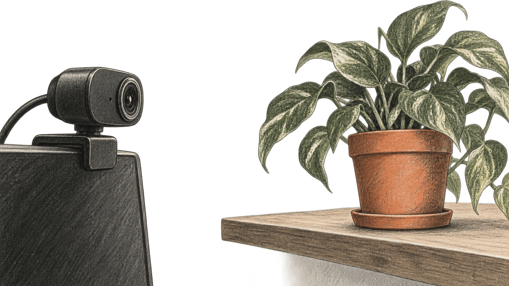 Conceptual charcoal illustration of a webcam clipped to a monitor and facing a leafy plant on a shelf.