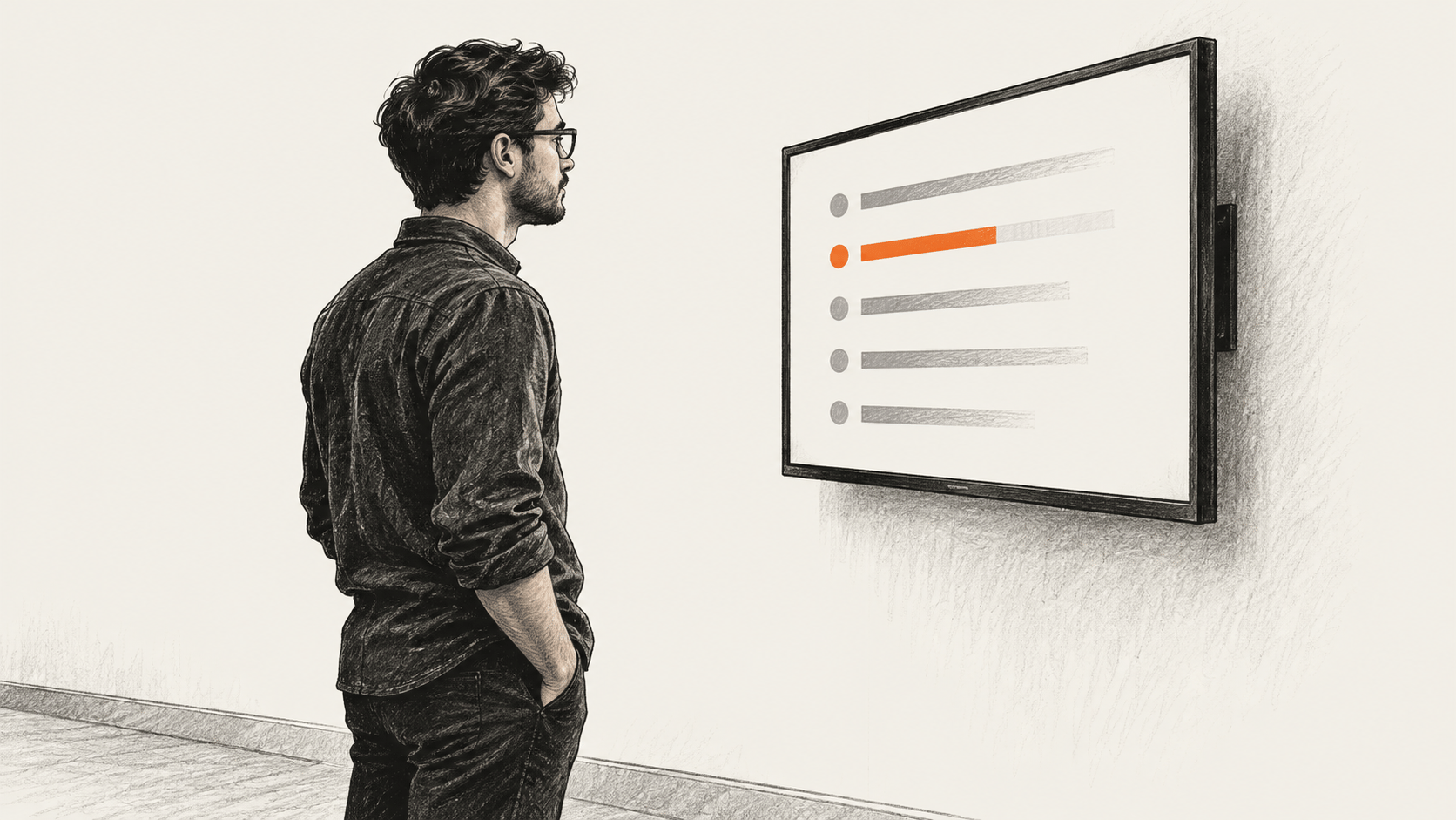 Conceptual illustration of a person reviewing generic alert rows on a wall-mounted screen.