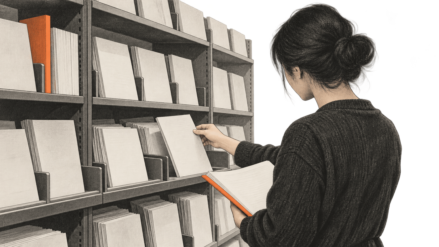 A person holds a proposal folder and takes a folio from a shelf.