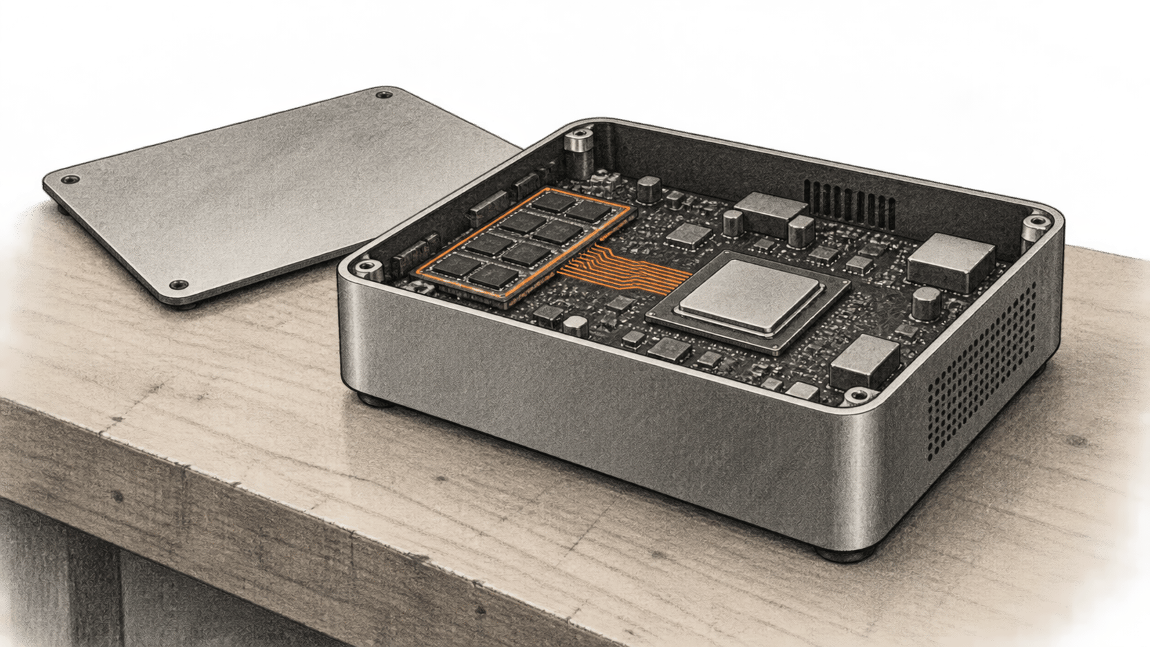 Conceptual charcoal illustration of an unbranded compact desktop computer with its cover removed, exposing a circuit board and a small orange connection between memory packages and a compute chip.