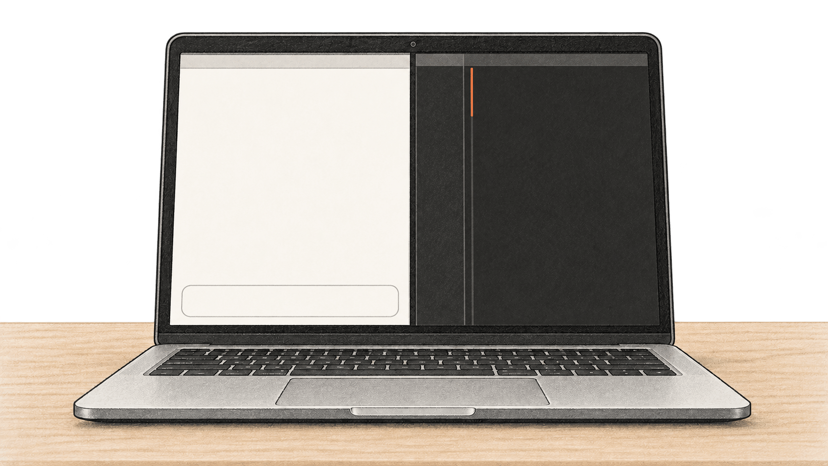 Conceptual charcoal illustration of one open laptop with two empty work areas on its screen, one light and one dark.