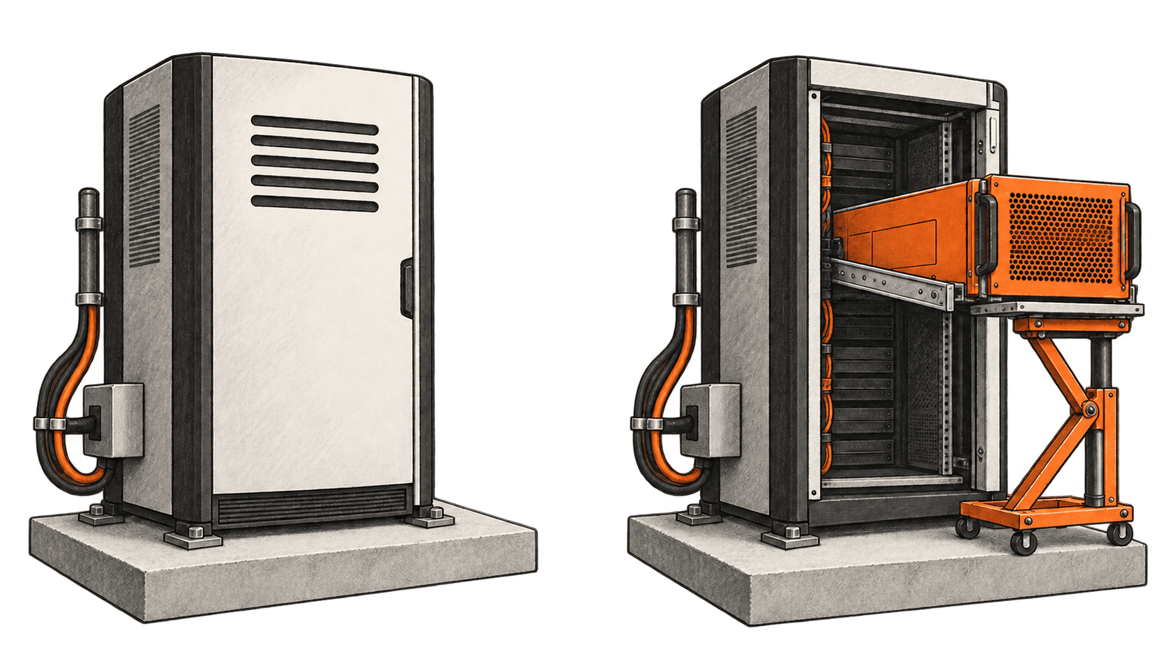 Two computing cabinets: one closed and integrated, the other open with an orange module on rails supported by maintenance equipment.